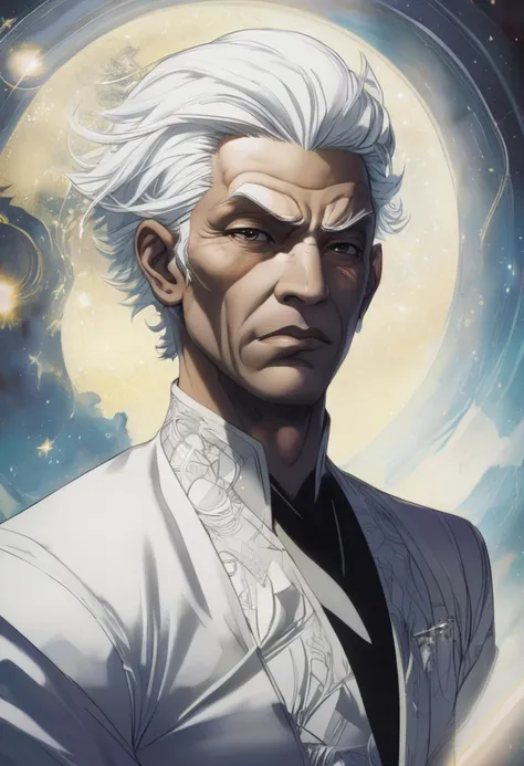 (art by Akira Toriyama:1.1) , soft focus of a Chic thicc Basque Male Guardian, White hair, Weary background, Relieving, Hyperpunk, hard light, ethereal magical atmosphere, photolab