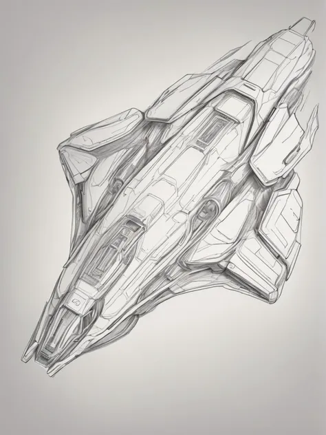 wire frame drawing on paper of a futuristic high armored spaceship, full bodyshot, sideview