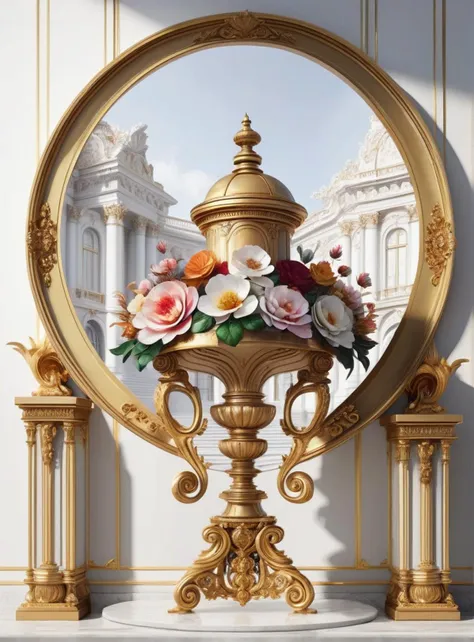 Aroma diffuser, inspired by the grandeur and opulence of the Palace of Versailles, with a golden metal exterior and intricate floral engravings, detailed, in style of artstation, digital art, hyper detailed, hyper realistic, white background, unreal engine, png 8K, depth of field
