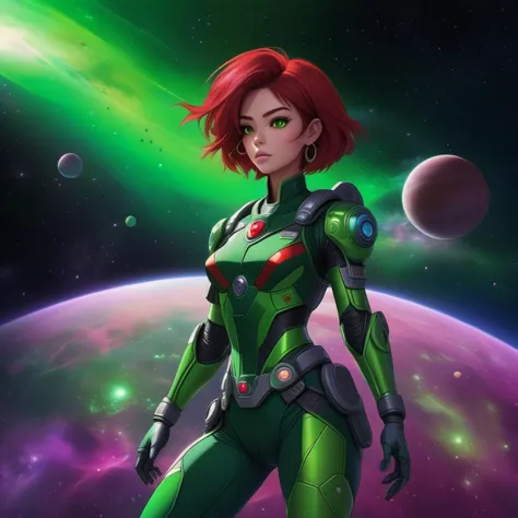anime gundam wing style, masterpiece, best quality, high quality, (mid body portrait:1.55) action pose,walking around,cinematic,
galaxy sky with planets,((female green skinned alien:1.6) beautiful black red hair woman with intricate sexy cyber astronaut :1.3) ,eyes glowing purple red yellow splash,(creepy fantasy aesthetic:1.35),(magic dust swirling around:1.3), dark planet, exploring new world, Hyperdetailed, natural lighting, soft lighting,vibrant colors ,galaxy, bright glow behind goddess, ray tracing,volumetric lighting, glow behind elf,
HDR (High Dynamic Range), art by artstation, popsugar,wlop, demon slayer dynasty warriors art,Maximum Clarity And Sharpness, glowing neon light background, high contrast