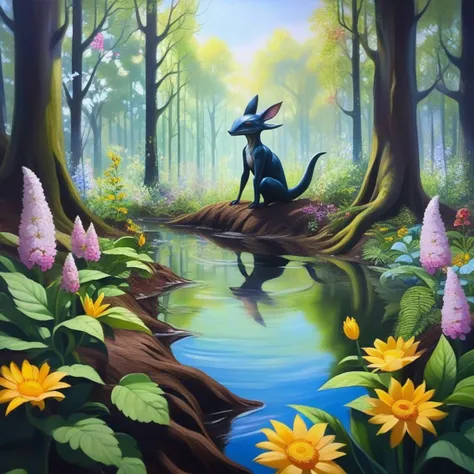 makino painting of a an alien animal in a flowery forest, vines, flowers, trees, plants, bushes, roots, soil, pond, cinematic oil painting <lora:makinostyle:1>