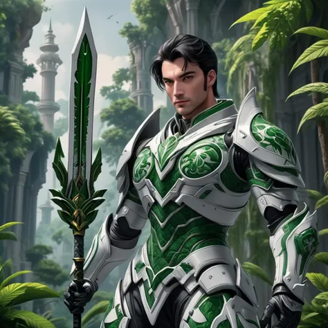 full body shot of 1man, male, solo,wearing white armor, holding green weapon infront of him, holding green sword, white wings,  jungle temple in background , HD, masterpiece, best quality, hyper detailed, ultra detailed,
