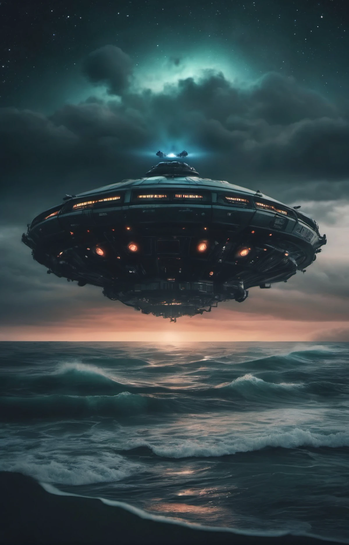 sci-fi aesthetics, a dark and moody realistic cinematic wide shot of ocean alien landscape where water covers the entire surface, teeming with marine life of all shapes and sizes (with a spaceship in the background:1.4), puffy clouds, at dusk, dim lit, foggy, muted colors, hazy, vintage, analog style, science fiction, star citizen cinematic lighting, film grain, imax