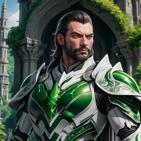 full body shot of 1man, male, solo,wearing white armor, holding green weapon infront of him, holding green sword, white wings,  jungle temple in background , HD, masterpiece, best quality, hyper detailed, ultra detailed,