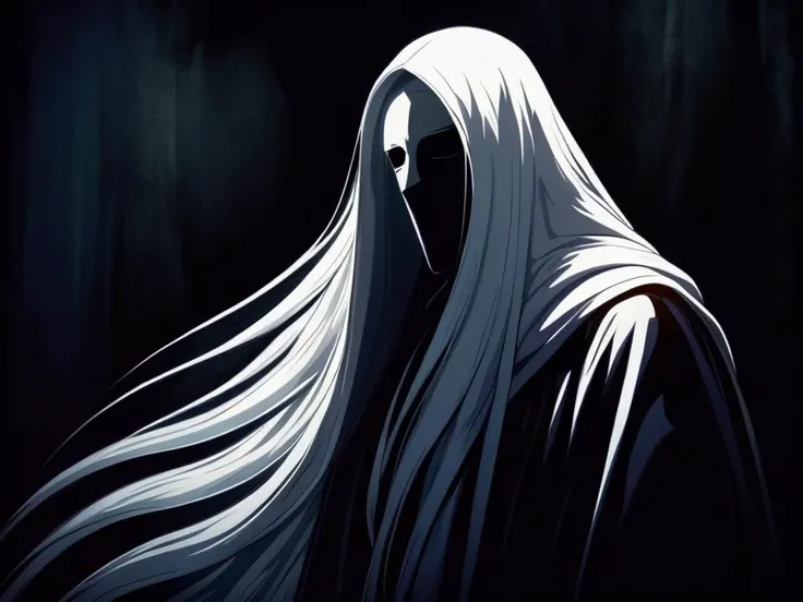 best quality, dark background, a white robed figure with a face obscured by shadowy darkness, long titanium white hair, filtered, (dark pop art:1.2), (dramatic:1.3), (artistic:1.5), (gothic:1.5), (stylized:1.2),