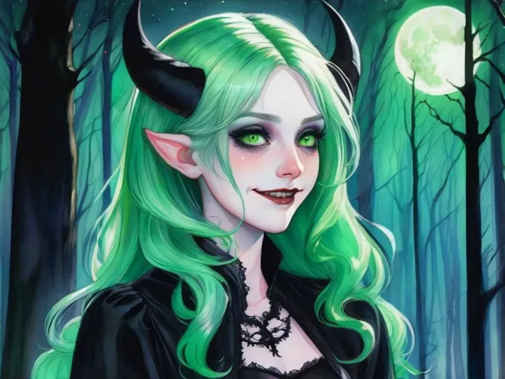 (gothic:1.33), A moonlit night raises of the horizon, a devil woman smiles deviously at the viewer, contemplating what she should do, light green hair messy in the windy forest, emerald colored hair, watercolor, close-up, moonlight, cinematic lighting, contrast, pale skin,