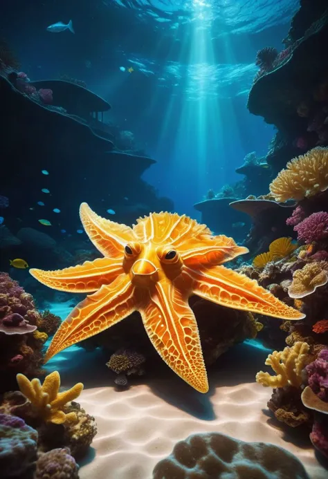 ASCII Masterpiece, (cosy), (ultra high res, mj,best quality,highly detailed:1.5),(cinematic),(volumetric lighting, volumetric shadows:1.5),Amazing, (8k details),(photorealistic:1.4)
A luminescent starfish with scales that shimmer like weaves gracefully through a coral reef. Bioluminescent fish dart around its sinuous form, illuminating the depths of the ocean with an otherworldly glow.
