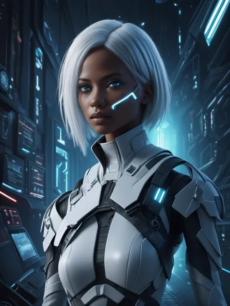 A futuristic cyborg woman with glowing blue circuitry, dramatic lighting, intricate mechanical details, hyper-realistic, 8k, volumetric lighting, cinematic composition, depth of field, photorealistic, highly detailed, vibrant colors, studio lighting, sci-fi, blue and black color scheme