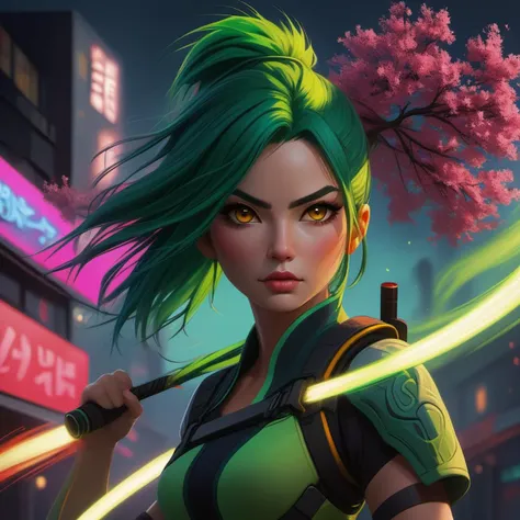 masterpiece, best quality, high quality, (mid body portrait:1.55)  action pose,walking around,cinematic,

female sexy ninjapunk warrior, black green flowy hair,(eyes glowing red yellow:1.15),fire dust swirling around:1.3),cherry blossoms 

Hyperdetailed, natural lighting, ,vibrant colors, ray tracing,volumetric lighting, HDR (High Dynamic Range),soft lighting,Maximum Clarity And Sharpness, glowing neon light background, high contrast