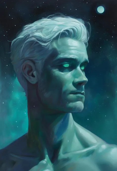 (art by Atey Ghailan:0.9) ,art by Krenz Cushart, Oil painting, hyper detailed, Minimalist Male Valkyrie, Platinum hair, Gemini constellation background, shallow depth of field, Moonlight, Teal hue