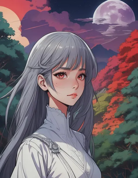 colored lineart, lineart, cel shading, anime style, best quality, masterpiece, detailed background, thick outlines, , drow woman with a long single braid, (grey skin, black skin:1.5), pointy ears, red eyes, white hair, armor, holding dagger, crouching, sneaking through cave, rogue