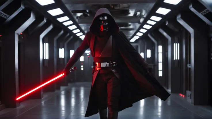 1 man, cinematic film shot of Kylo Ren holding a red lightsaber, standing in a hallway, Star Wars style, solo focus, volumetric lighting, cinematic lighting, cinematic scene, detailed face, hyper-realistic, IMAX, ultra-high resolutions, best quality, masterpiece