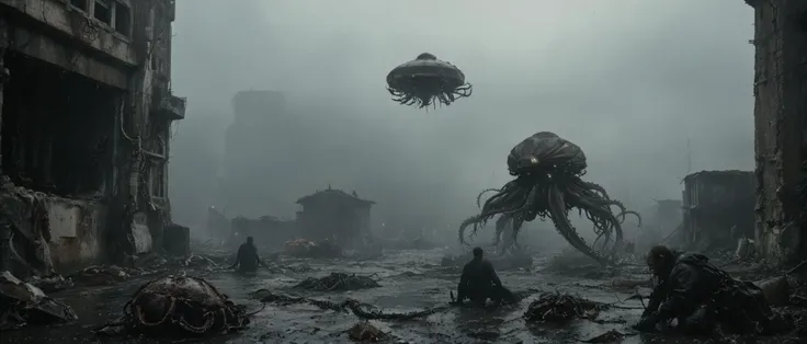 dystopian style cinematic film still cinematic photo cinematic film still DSLR Photo of mad max people holding weapons being dismembered and blown up by huge (robot resembling a cuttlefish with tentacles:1.6) in the middle of a big destroyed dystopian city, blood and gore, (human skulls littering the floor:1.4), descriptions of agitation from their feet, expressions of awe. By Henry Cavill, Chibi style.<lora:xl_more_art-full_v1:0.5> . Huge atomic explosion mushroom cloud in the far background. bleak, detailed, textural, artistic . shallow depth of field, vignette, highly detailed, high budget, bokeh, cinemascope, moody, epic, gorgeous, film grain, grainy, <lora:Blade_Runner_2049_Loha:0.31>villeneuve, atmosphere, <lora:bldr:0.4> bldr, building, , windows, rain, rooftop, flying, <lora:Chenorbyl_v1:0.41> chern4byl, USSR CCCP Soviet propaganda <lora:CCCP_XL_V1:0.41>, <lora:MJ52:0.61>, andscape depicting a post-apocalyptic world where nature or otherworldly beings have overpowered the remnants of civilization. Showcase desolate urban ruins or wastelands that narrate the fall of mighty empires. <lora:Apocalyptic:0.51> <lora:scifi-horror:0.51>, dead bodies, desolation <lora:Desolation:0.41> . 35mm photograph, film, bokeh, professional, 4k, highly detailed . shallow depth of field, vignette, highly detailed, high budget Hollywood , bokeh, cinemascope, moody, epic, gorgeous, film grain, grainy . bleak, post-apocalyptic, somber, dramatic, highly detailed