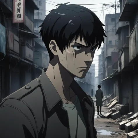 cinematic anime shot of a man with short black hair investigating a crime in a dystopian slum