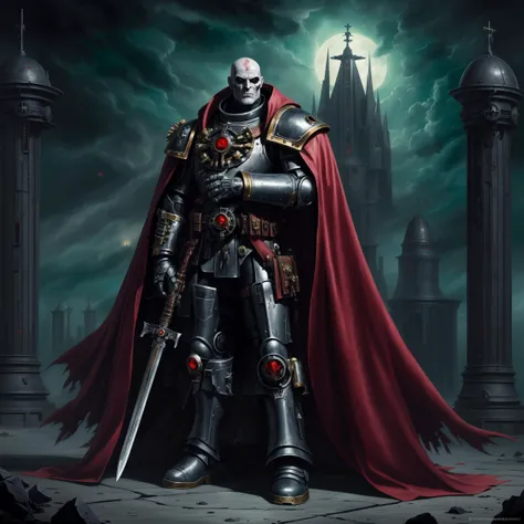 (Warhammer 40000 art:1.4), scifi art, fantasy art, moody art,epic oil painting of Warhammer 40k Inquisitor, dark moody background, full body image