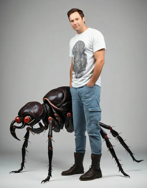 (art by Harold Edgerton:0.9) , Grotesque [Mule:Giant ant:4], Writing fiction, wearing Overalls and t-shirt in Anthemion print, side lit, 800mm lens