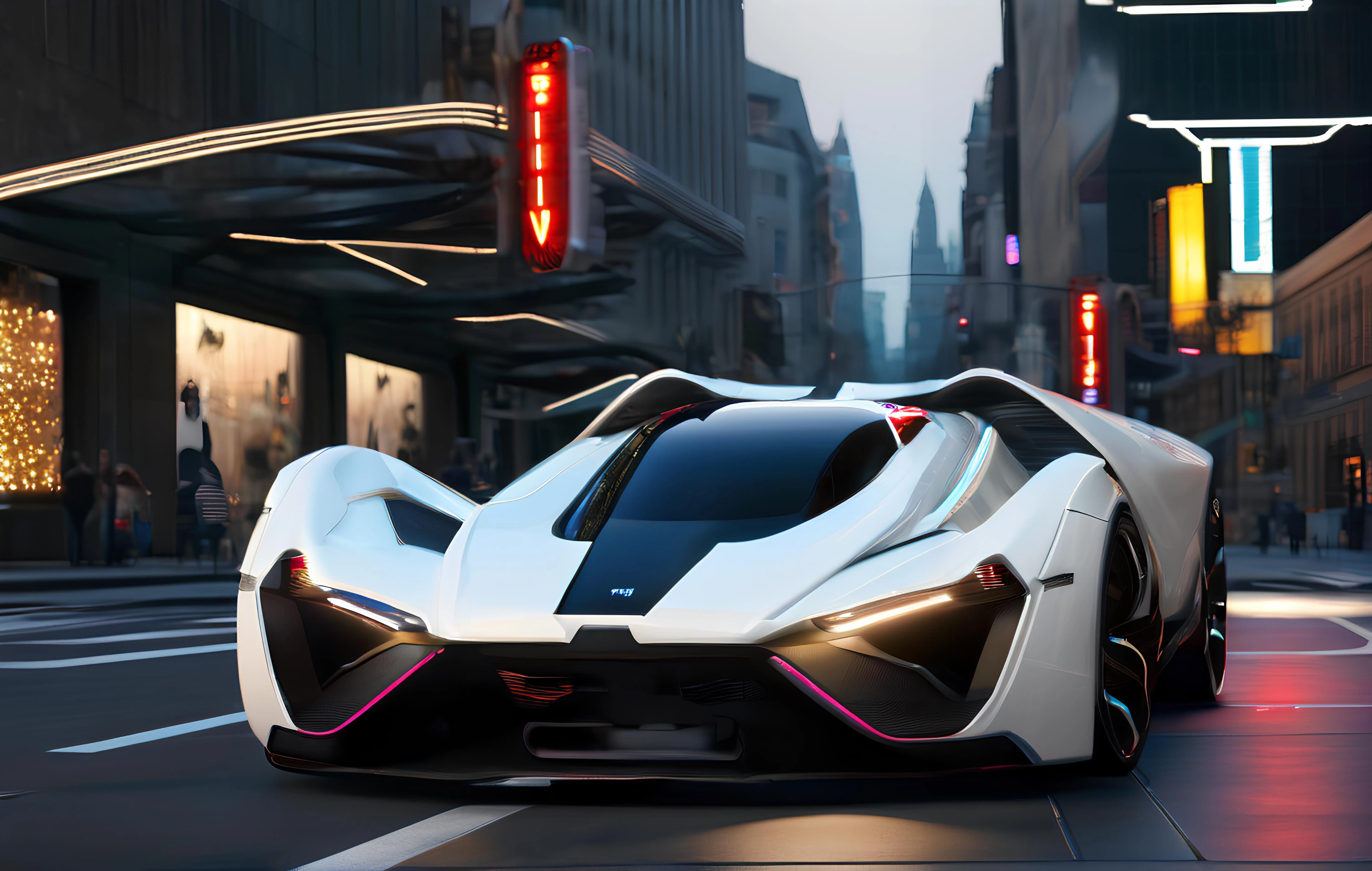 white science fiction technological advanced hypercar in downtown streets, front view science fiction, cyberpunk, volumetric light, cyberpunk lighting, neon lighting, cyberpunk style, cyberpunk city, futuristic city, cinematic scenes, cinematic shots, cinematic lighting, ultra-detailed, highly detailed, hyper-detailed, realistic, ultra-realistic, HD, IMAX, 8K resolutions, ultra resolutions, magnificent, best quality, masterpiece. <lora:scifi-vehicles(ç§å¹»éå°è½½å
·):1>