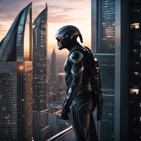cinematic shot of a hairy alien creature with a long tail.  standing on the ledge of a skyscraper at dawn in a futuristic science fiction city, alien architecture  cinematic lighting, imax, dslr