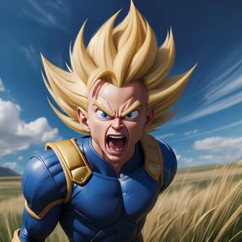 photo, photorealistic, photoreal, cinematic shot of vegeta in super saiyan, screaming, blonde hair, in grasslands, blue energy flowing, imax, dslr