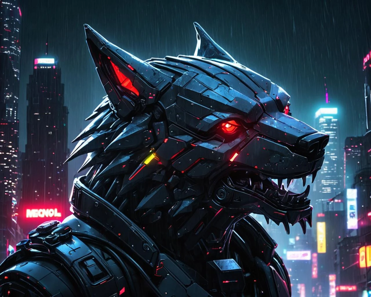 a close up photo of a solo mechenical robot wolf, glowing red eyes, mechenical parts showing on the wolf, cyberpunk city in background, neon lights, raining nightsky, , HD, ultra detailed, super realistic, best quality, fantastic quality,