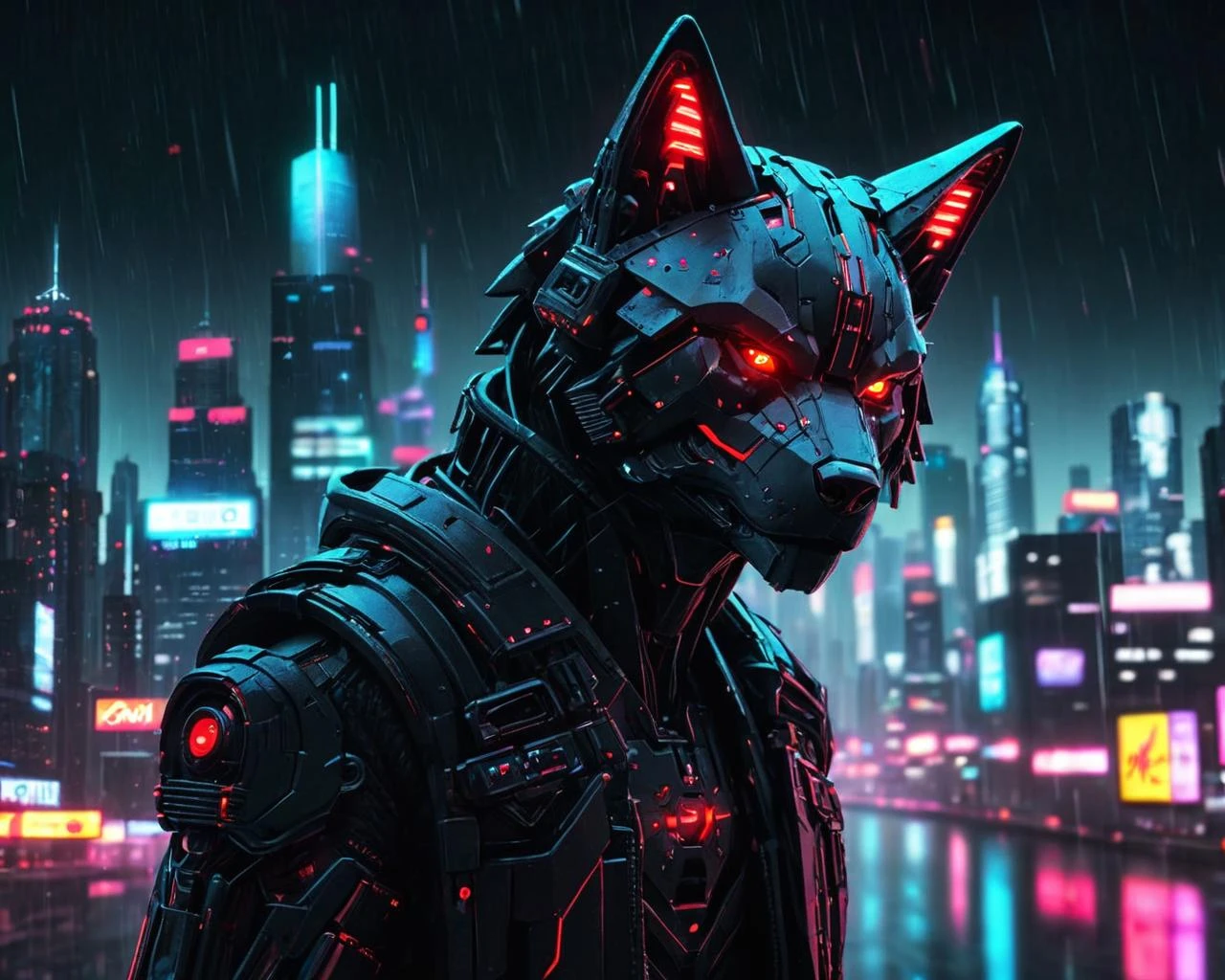 a close up photo of a solo mechenical robot wolf, glowing red eyes, mechenical parts showing on the wolf, cyberpunk city in background, neon lights, raining nightsky, , HD, ultra detailed, super realistic, best quality, fantastic quality,