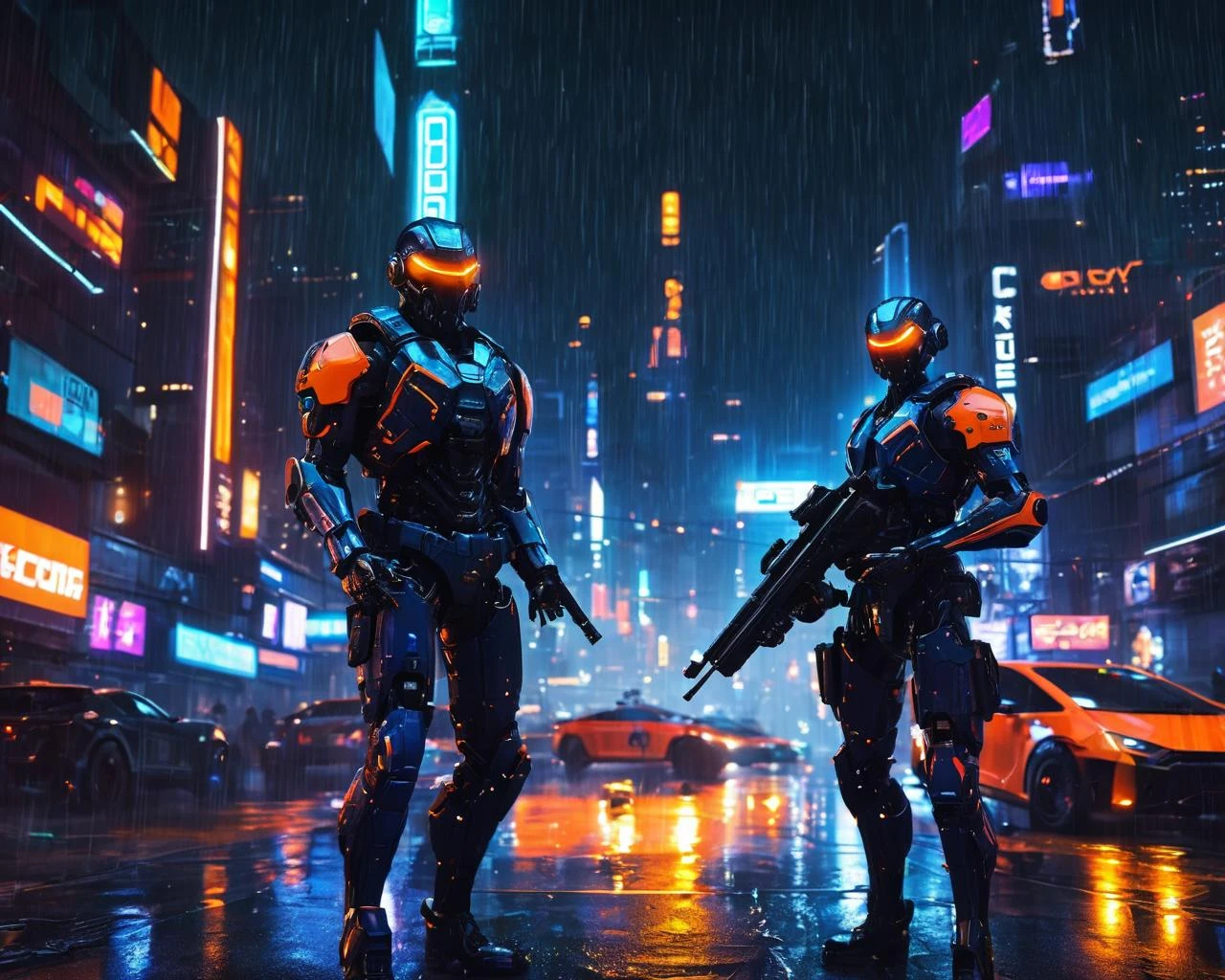 a cinematic scifi shot of a robot cop, holding a gun, glowing core inside the robot cop, orange and blue cords sticking out, futuristic cyberpunk city in background, nightime, raining, neon lights in background, HD, masterpiece, best quality, hyper detailed, ultra detailed,