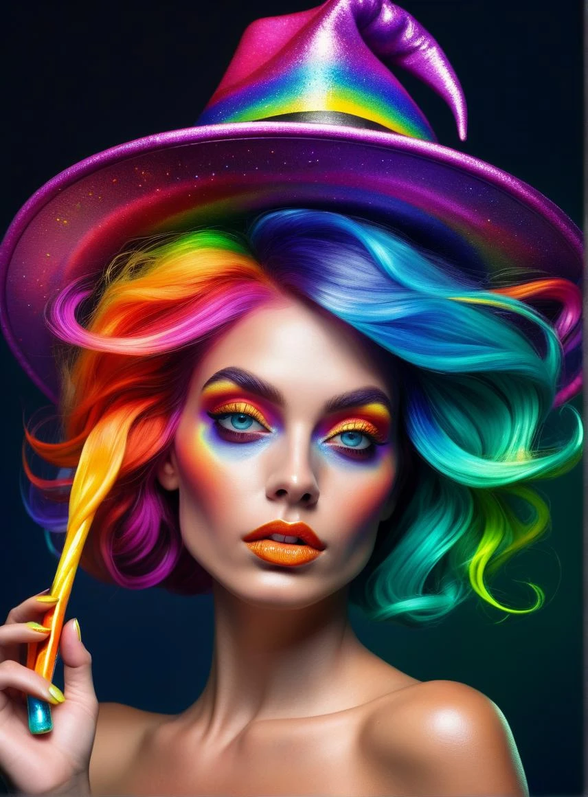 an extremely delicate and beautiful,masterpiece,best quality, ultra-detailed, illustration,Gorgeous and rich graphics,watercolor,realistic,floating,disheveled hair, liquid hair,solo,a girl,beautiful detailed girl,witch hat,holding_magic_cane ,colorful eyes,beautiful detailed eyes,platinum hair,multicolored hair,streaked hair, multicolored clothes,halloween,shining, sunlight,colorful bubble, colorful background,high saturation,surrounded by colorful splashes, 1girl