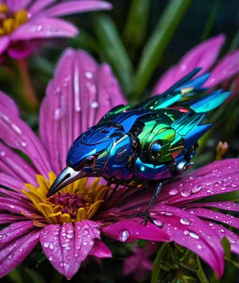 aopoa, a close up photo of a robotic hummingbird sitting on a beautiful flower, raining, reflective light, HD, masterpiece, best quality, hyper detailed, ultra detailed,