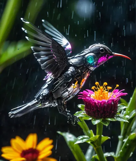 aopoa, a close up photo of a robotic hummingbird sitting on a beautiful flower, raining, reflective light, HD, masterpiece, best quality, hyper detailed, ultra detailed,