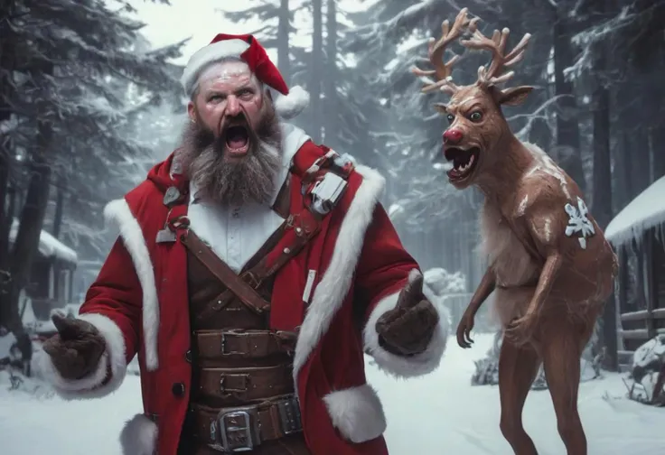 Cinematic portrait of Gingerbread Santa mercenary in a cyberpunk Santa outfit, screaming, meme, parody, white beard, Fiat, outdoors, reindeer