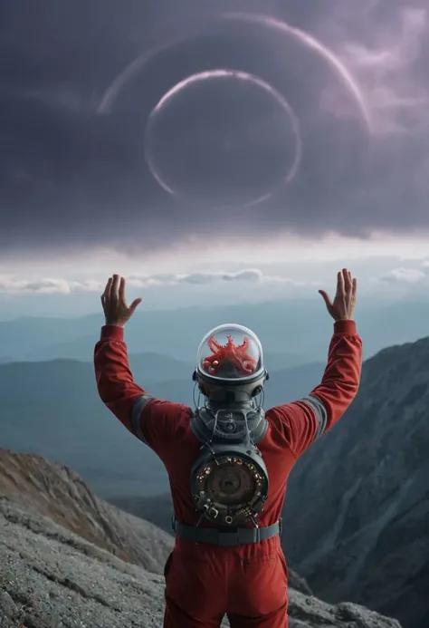 Full body Shot, rear View, Epic, wired cyborg fishtank-head, person in Red Vintage tracksuit standing on a mountain peak, hands Arms Up and hands reaching to heaven, with a fishtank as head with a small dark-purple translucent octopus made of technical parts and wires in it, closeup,
atmospheric haze, Film grain, cinematic film still, shallow depth of field, highly detailed, moody, epic, photorealistic, atmospheric lighting, billowing cloud backdrop with volumetric lighting from within ,