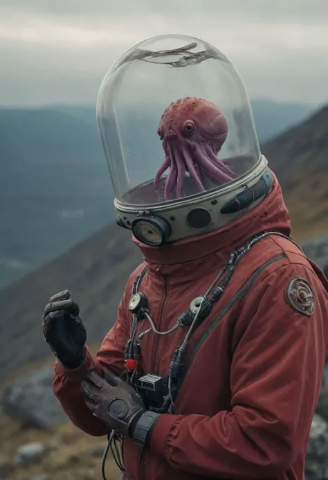 wired cyborg fishtank-head, person in Red Vintage tracksuit standing on a mountain top, hands reachinng to heaven, with a fishtank as head with a small dark-purple translucent octopus made of technical parts and wires in it, closeup,
atmospheric haze, Film grain, cinematic film still, shallow depth of field, highly detailed, moody, epic, photorealistic, atmospheric lighting, billowing cloud backdrop with volumetric lighting from within ,