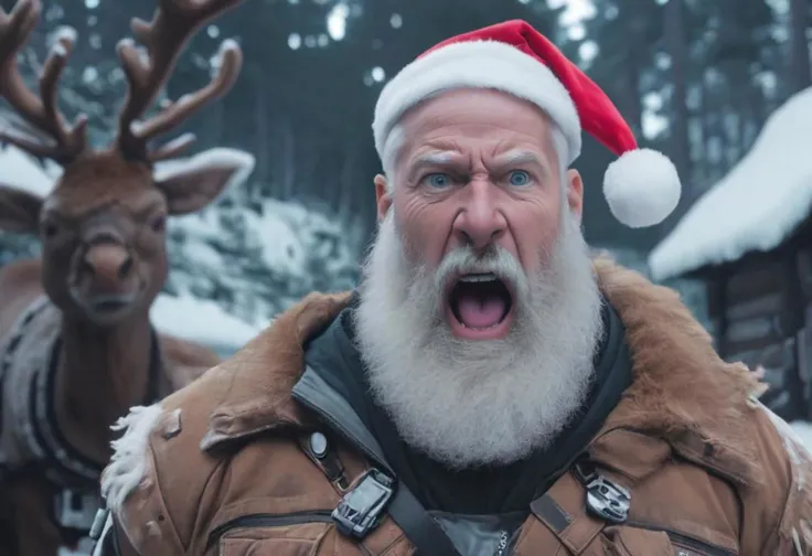 Cinematic portrait of Gingerbread Santa mercenary in a cyberpunk Santa outfit, screaming, meme, parody, white beard, Fiat, outdoors, reindeer