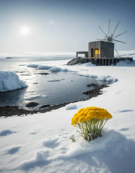 Golden ratio, [Silky|1970'S] Georgian Dandelion, from inside of a Offshore wind farm, dense lava pit, Snowy, intricate background, Low shutter, otherworldly, 4K