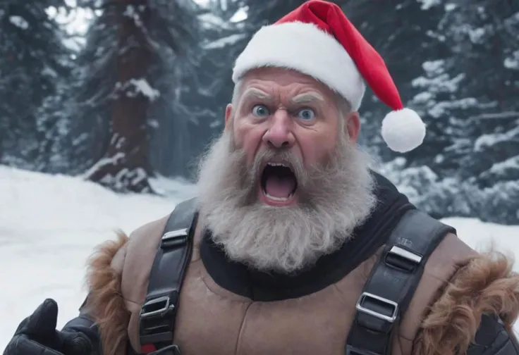 Cinematic portrait of Gingerbread Santa mercenary in a cyberpunk Santa outfit, screaming, meme, parody, white beard, Fiat, outdoors, reindeer