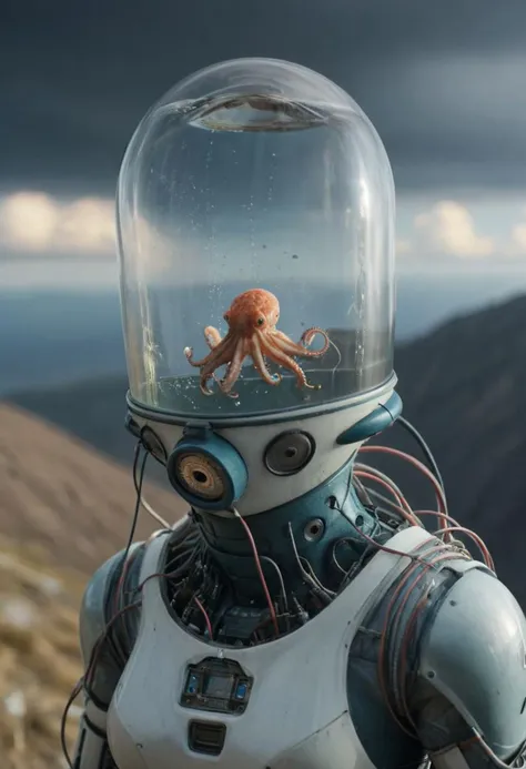Fishtank-head, Epic Landscape, wired-cyborg Woman half human half Cyborg/Robot Made from technical parts, wires and cables in billowing White half transparent Long Summer Dress standing on a mountain peak, Cleavage, both Arms Up and hands reaching to heaven, with a fishtank as head with a small translucent blueish octopus made of technical parts and wires in it, closeup,
atmospheric haze, Film grain, cinematic film still, shallow depth of field, highly detailed, moody, epic, photorealistic, atmospheric lighting, billowing cloud backdrop, sundawn volumetric lighting,