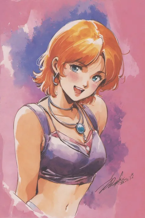Elpeo Ple, 1girl, solo, short hair, jewelry, necklace, open mouth, orange hair, smile, traditional media, signature, midriff, blush, upper body, crop top, looking at viewer, watercolor \(medium\),<lora:Hiroyuki Kitazume _XL:0.8>