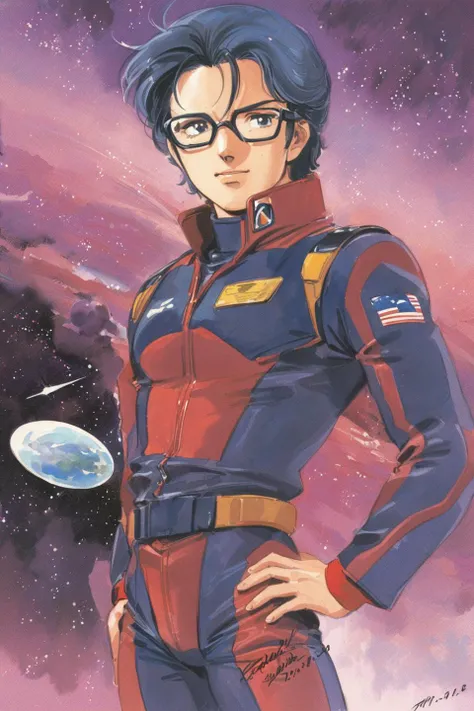 masterpiece, 1boy, space crew, planet in background, pilot suit, watercolor \(medium\), traditional media, retro artstyle, dated, black hair, glasses, solo, <lora:Hiroyuki Kitazume _XL:0.8>