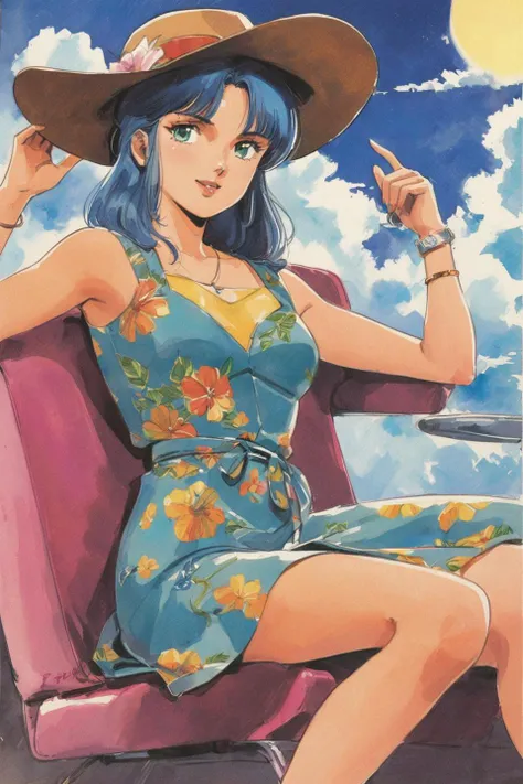 1girl, solo, hat, blue hair, retro artstyle, sunglasses, traditional media, sitting, dress, cloud, 1980s (style), chair, day, sun hat, floral print, sky, green eyes, bracelet, holding, looking at viewer, blue eyes, watercolor \(medium\),<lora:Hiroyuki Kitazume _XL:0.8>