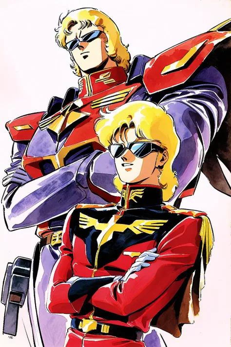 Char Aznable, 1boy, mecha, blonde hair, robot, male focus, uniform, gloves, sunglasses, military, crossed arms, military uniform, belt, white background, red pants, solo, retro artstyle, 1980s style, watercolor<lora:EMS-365781-EMS:0.800000>