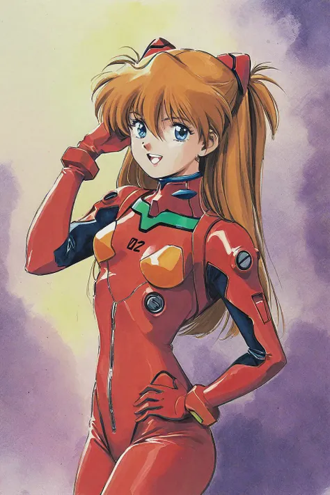 1girl, long hair, plugsuit, bodysuit, souryuu asuka langley, pilot suit, bracer, blue eyes, smile, breasts, bangs, turtleneck, solo, cowboy shot, :d, hair between eyes, gloves, (red bodysuit:1.5), small breasts,looking at viewer, headgear, two side up, hand on hip, skinny, adjusting hair, narrow waist, standing, orange hair, science fiction,hand up, shiny clothes, hair ornament, happy, from side, shiny, skin tight, retro artstyle, traditional media, watercolor<lora:EMS-365781-EMS:0.800000>