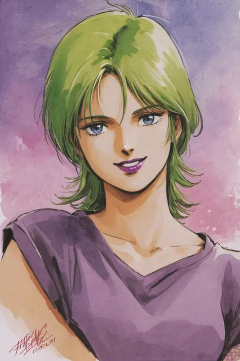 Four Murasame, 1girl, solo, short hair, signature, traditional media, blue eyes, green hair, collarbone, smile, looking at viewer, portrait, purple shirt, lipstick, upper body, dated, watercolor<lora:EMS-365781-EMS:0.800000>