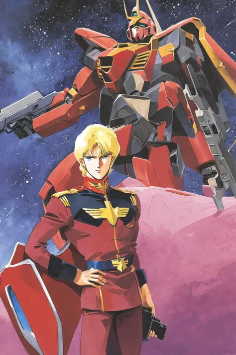 Char Aznable, 1boy, mecha, robot, blonde hair, male focus, uniform, gun, blue eyes, weapon, space, shield, military, hand on hip, military uniform, beam rifle, traditional media, energy gun, science fiction, belt, mobile suit, holding, watercolor<lora:EMS-365781-EMS:0.800000>