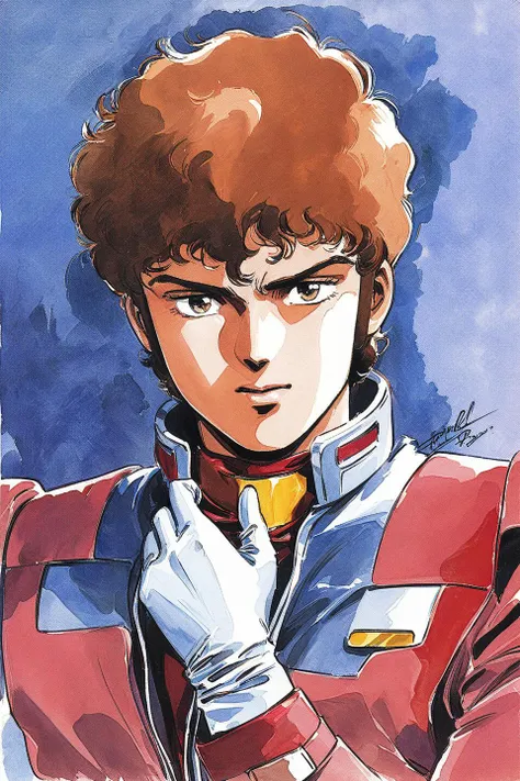 Amuro Ray, 1boy, solo, brown hair, male focus, pilot suit, white gloves, brown eyes, signature, science fiction, retro artstyle,1980s (style),looking at viewer, traditional media, portrait, watercolor<lora:EMS-365781-EMS:0.800000>