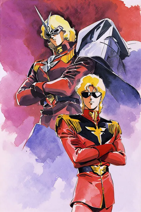 Char Aznable, 1boy, mecha, blonde hair, robot, male focus, uniform, gloves, sunglasses, military, crossed arms, military uniform, belt, white background, red pants, solo, retro artstyle, 1980s style, watercolor<lora:EMS-365781-EMS:0.800000>