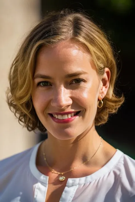Realistic photo of a beautiful 3l1z4b3ths-v1 woman, solo, looking at viewer, smile, short hair, (((blonde hair))),curly hair, shirt, jewelry, green eyes, white shirt, upper body, male focus, earrings, teeth, collared shirt, grin, green background, realistic, photo background, soft lighting, professional Photography, Photorealistic, detailed, RAW, analog, sharp focus, 8k, HD, DSLR, high quality, Fujifilm XT3, film grain, award winning, masterpiece<lora:3l1z4b3ths-v1:1.0>