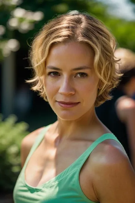 Realistic photo of a beautiful 3l1z4b3ths-v1 woman, 1girl, solo, looking at viewer, smile, short hair, (((blonde hair))), shirt, brown eyes, closed mouth, upper body, short sleeves, blurry, lips, blurry background, realistic, photo background, soft lighting, professional Photography, Photorealistic, detailed, RAW, analog, sharp focus, 8k, HD, DSLR, high quality, Fujifilm XT3, film grain, award winning, masterpiece<lora:3l1z4b3ths-v1:1.0>