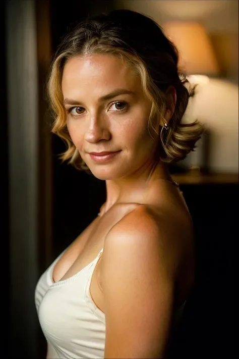 Realistic photo of a beautiful 3l1z4b3ths-v1 woman, 1girl, solo, long hair, looking at viewer, smile, (((Blonde hair))), bare shoulders, brown eyes, jewelry, upper body, sleeveless, bracelet, lips, tank top, realistic, soft lighting, professional Photography, Photorealistic, detailed, RAW, analog, sharp focus, 8k, HD, DSLR, high quality, Fujifilm XT3, film grain, award winning, masterpiece<lora:3l1z4b3ths-v1:1.0>
