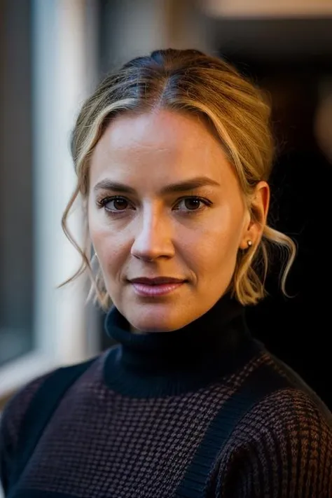 Realistic photo of a beautiful 3l1z4b3ths-v1 woman, 1girl, solo, grey turtleneck sweater, looking at viewer, short hair, curly hair, (((blonde hair))), brown eyes, medium, grey background, lips, realistic, soft lighting, professional Photography, Photorealistic, detailed, RAW, analog, sharp focus, 8k, HD, DSLR, high quality, Fujifilm XT3, film grain, award winning, masterpiece<lora:3l1z4b3ths-v1:1.0>