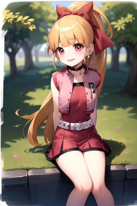 masterpiece,best quality,1girl,ppgzbs,blonde hair,red eyes,long hair,ponytail,hair bow,blunt bangs,earrings,black choker,pink vest,red skirt,belt,smile,confident,sitting,arms behind back,street,village,tree,<lora:PPGZ-Hyper_Blossom:1>,